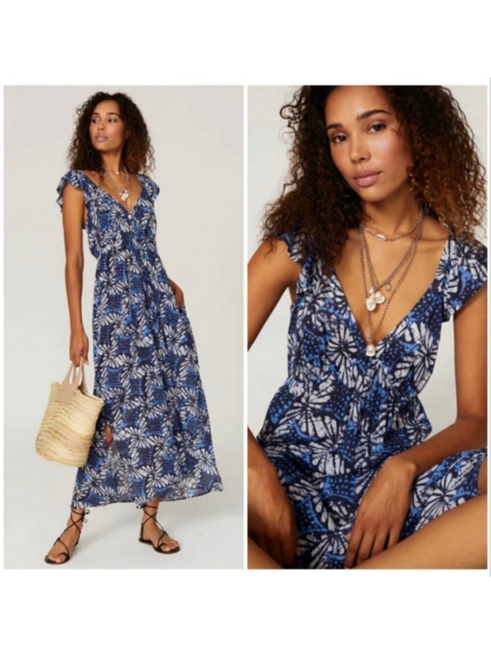 Xirena Leyla Water Print Cotton Maxi Dress Blue White Floral XL